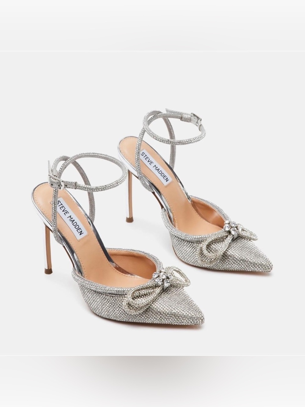 Steve Madden Silver Crystal Bow Pointed-Toe Ankle-Strap Heels